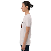 Unisex short-sleeve t-shirt, light gray, side profile with colorful chest graphic print