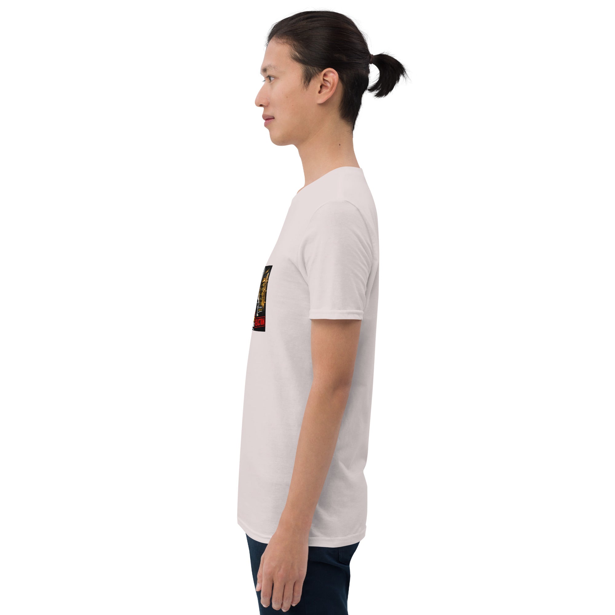 Unisex short-sleeve t-shirt, light gray, side profile with colorful chest graphic print