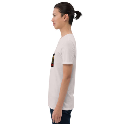 Unisex short-sleeve t-shirt, light gray, side profile with colorful chest graphic print