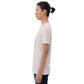 Unisex graphic tee, light heather color, side profile with small square front print