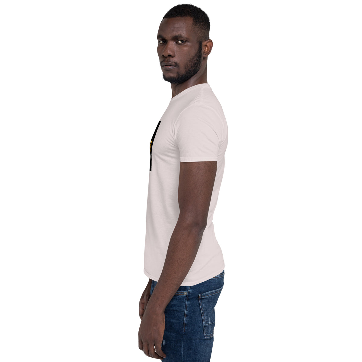 Light cream unisex short-sleeve T-shirt, side view showing sleeve and hem.