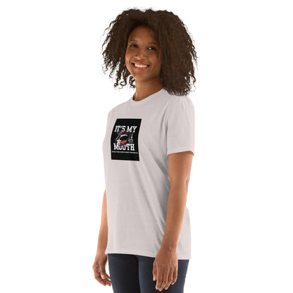 White unisex T-shirt with black front graphic print, angled view