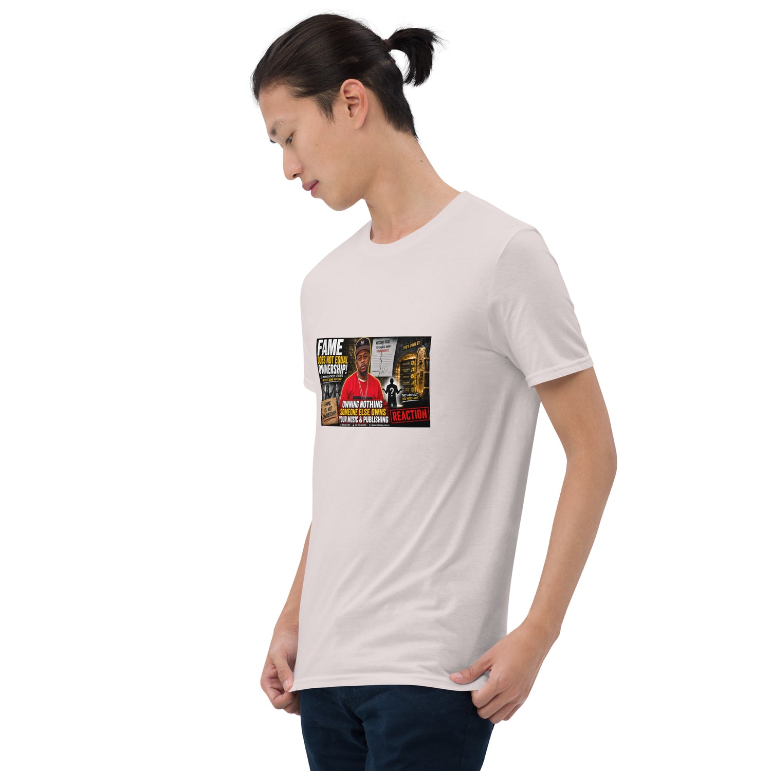 Unisex short-sleeve t-shirt, light gray, front view with colorful chest graphic print
