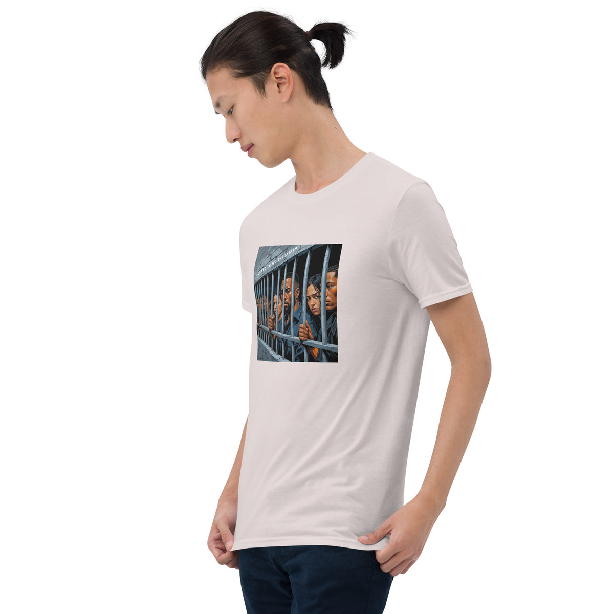 White graphic T-shirt with square photo-style print, crew neck, short sleeves, slight angle