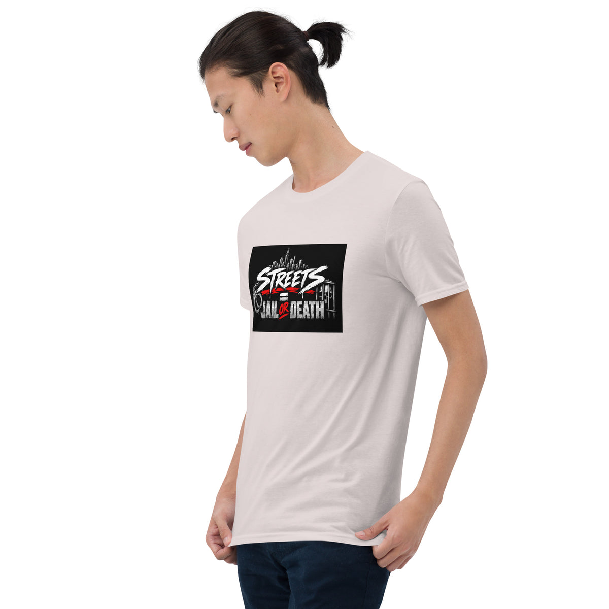 White unisex graphic T-shirt front angled, black rectangle street-style text print