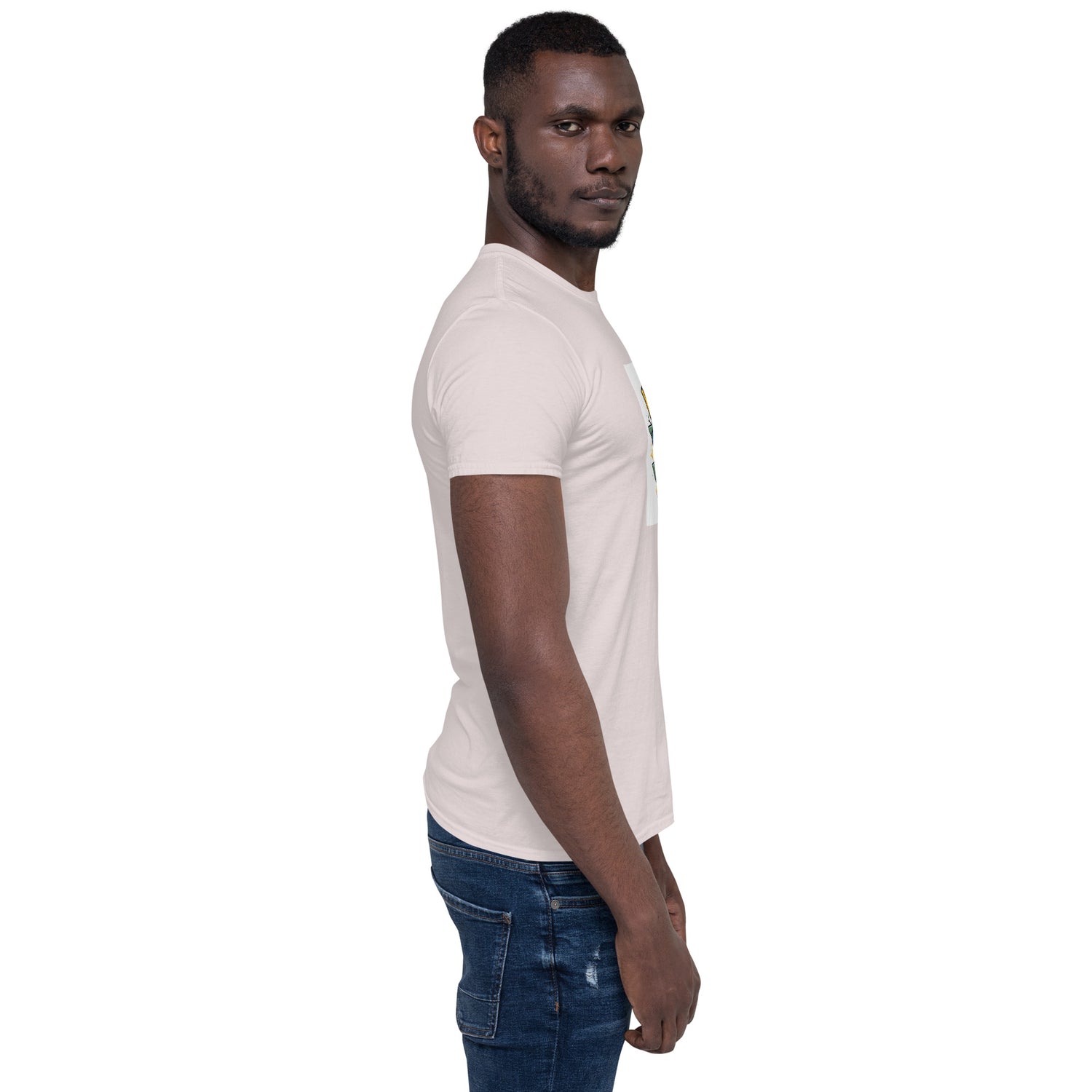 White unisex T-shirt side view, chest graphic partially visible