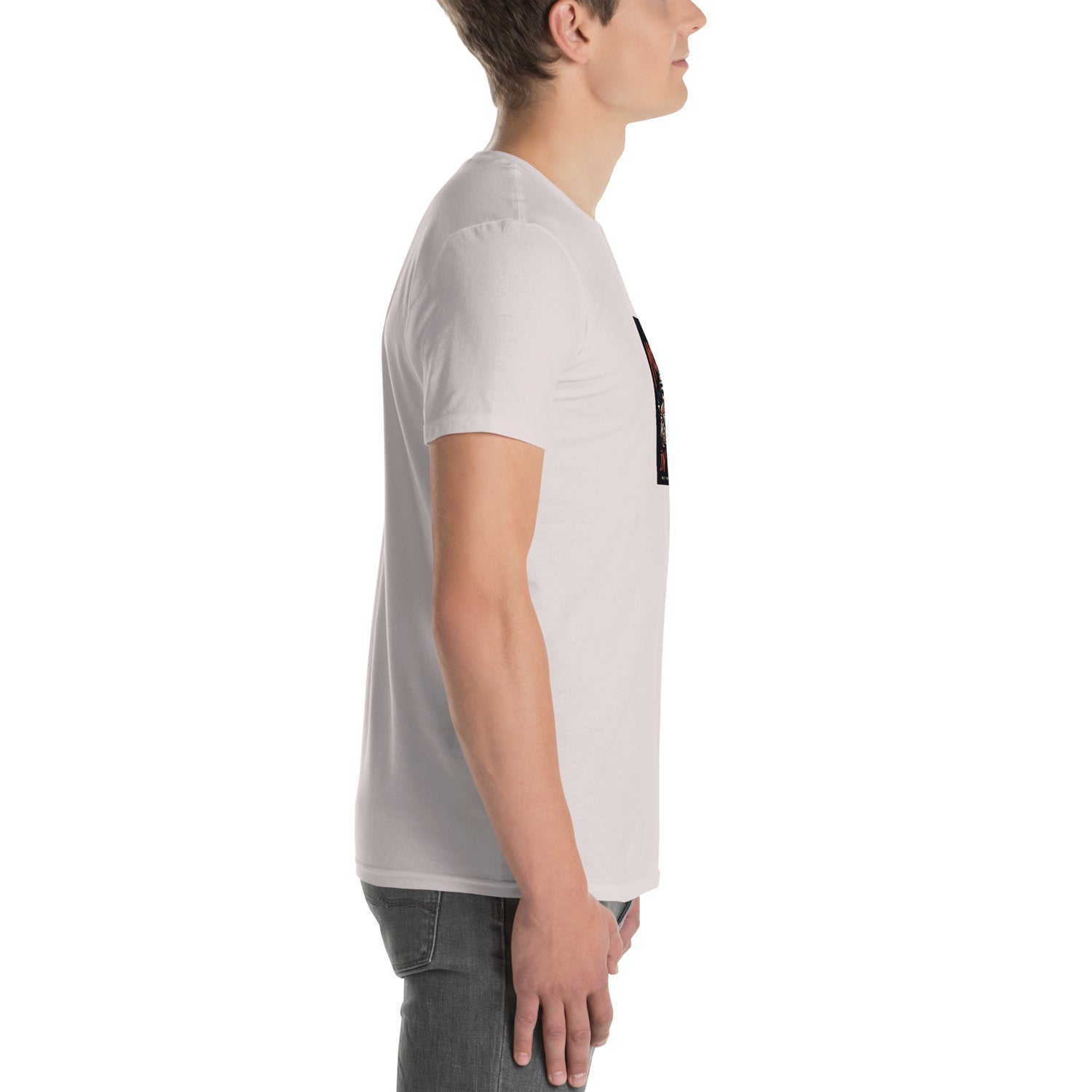 Natural unisex T-shirt angled side view, crew neck and short sleeves