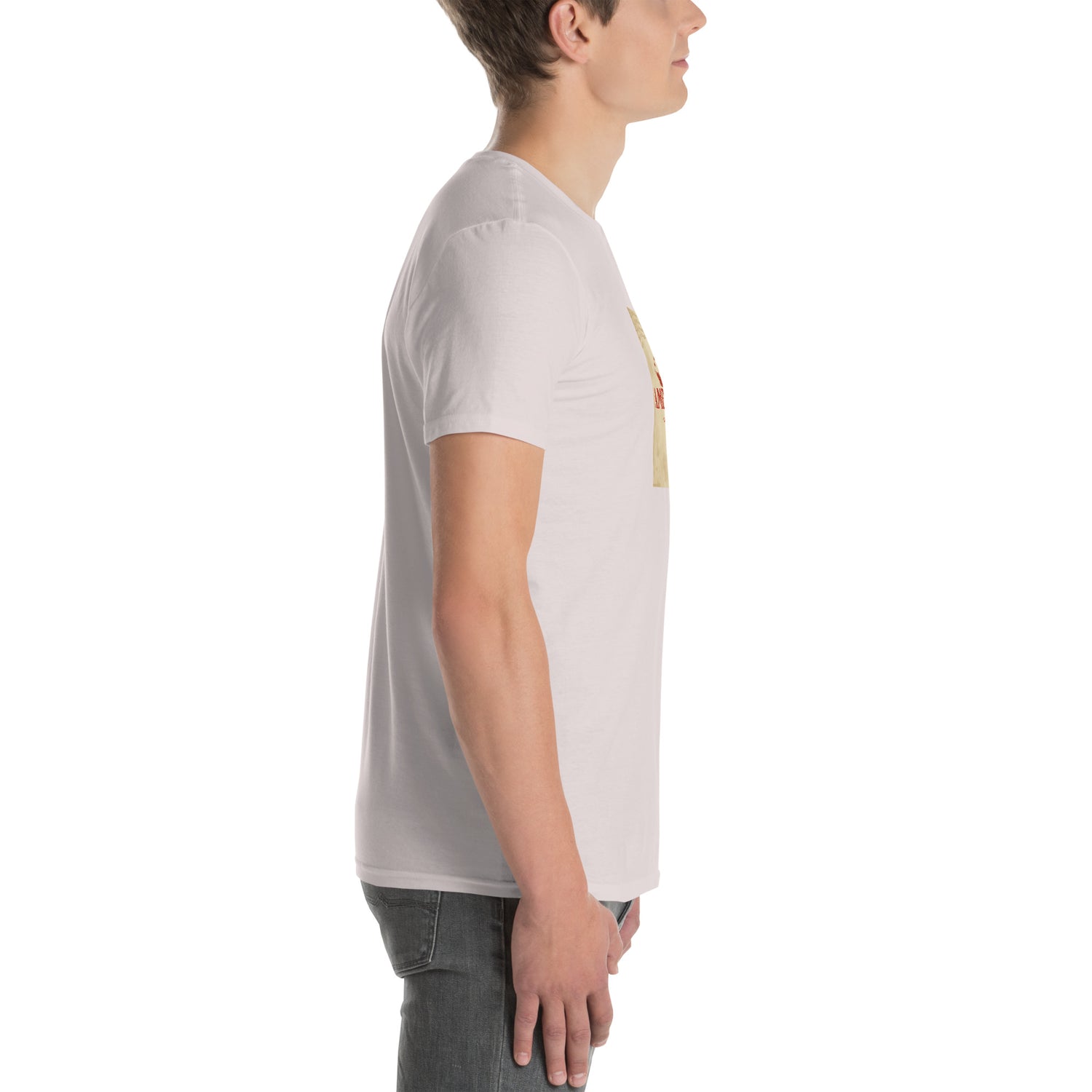 White unisex T-shirt back/side view, plain rear with crew neck.
