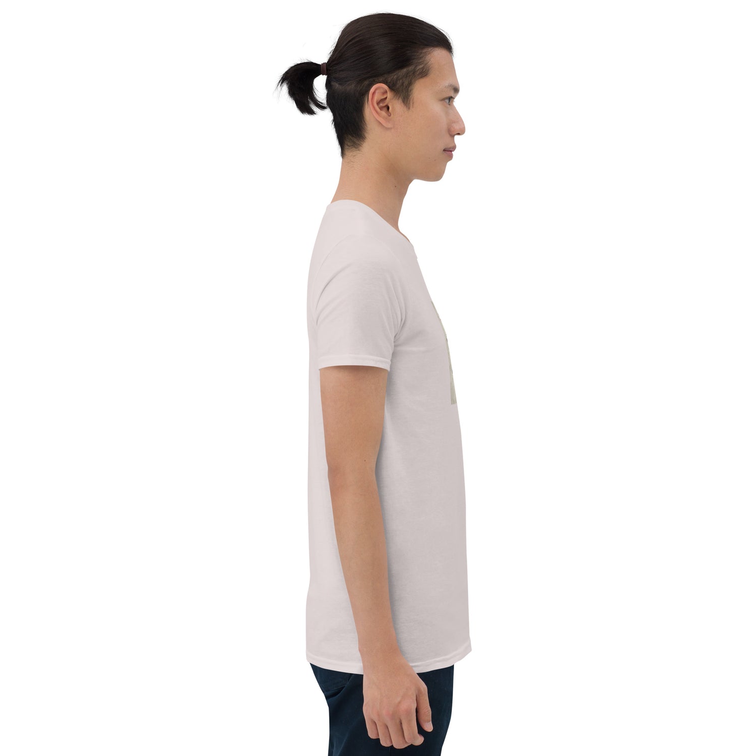 Light T-shirt, side view; short sleeves and crew neck with small chest print.