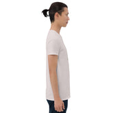 Light pink graphic T-shirt, left side view, crew neck, short sleeves