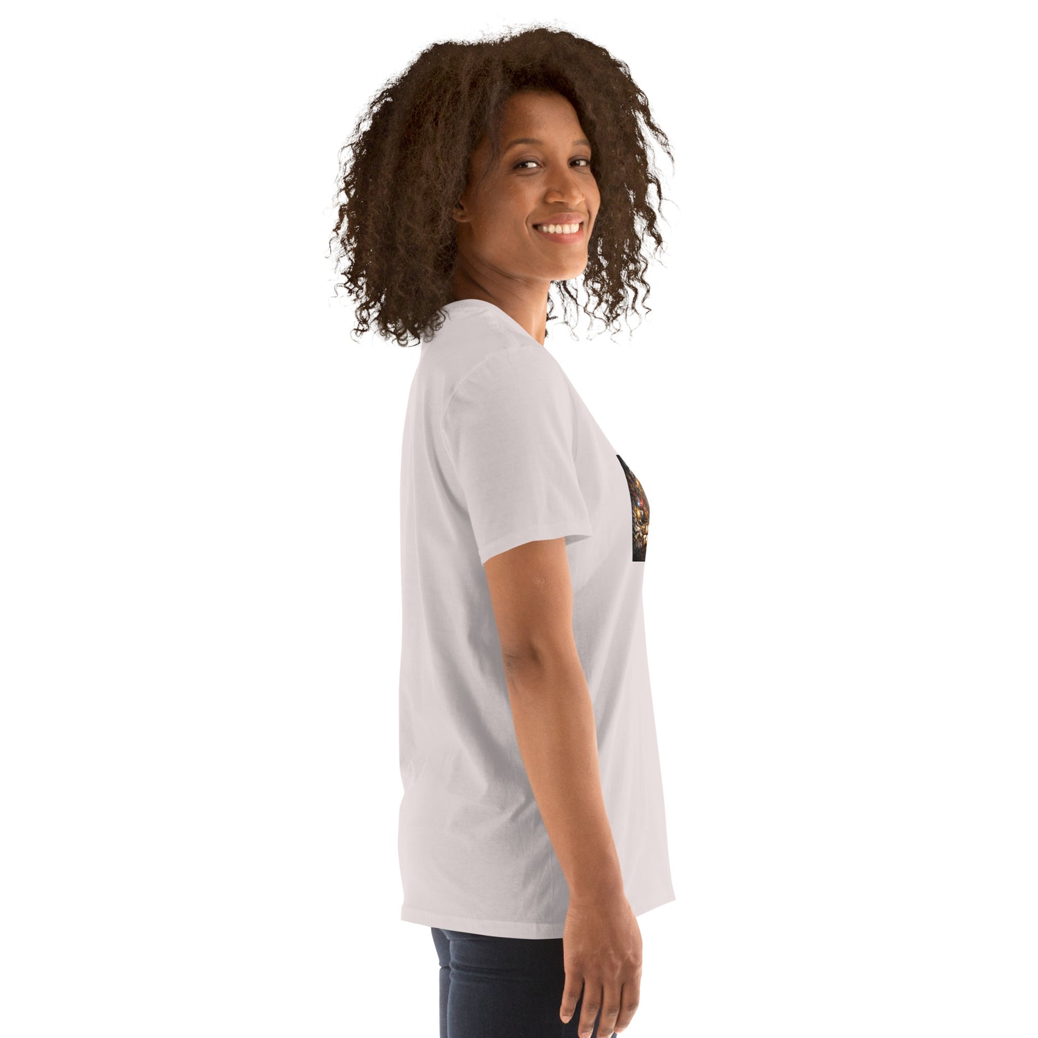 White T-shirt, side profile view with short sleeves and crew neck