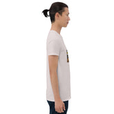 Unisex short-sleeve t-shirt, light gray, side view with small chest graphic print