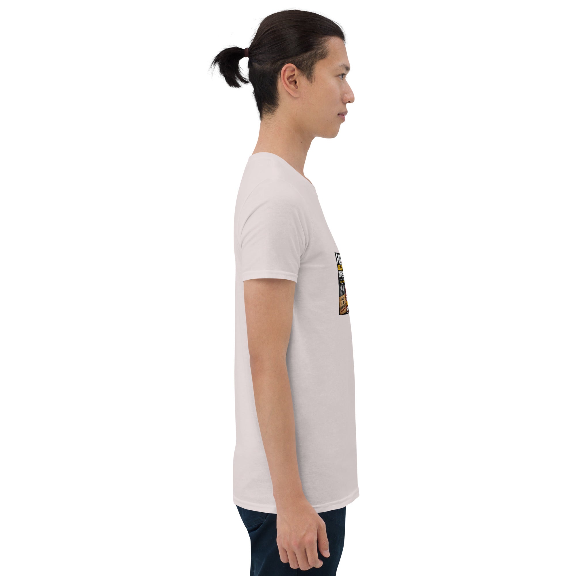 Unisex short-sleeve t-shirt, light gray, side view with small chest graphic print