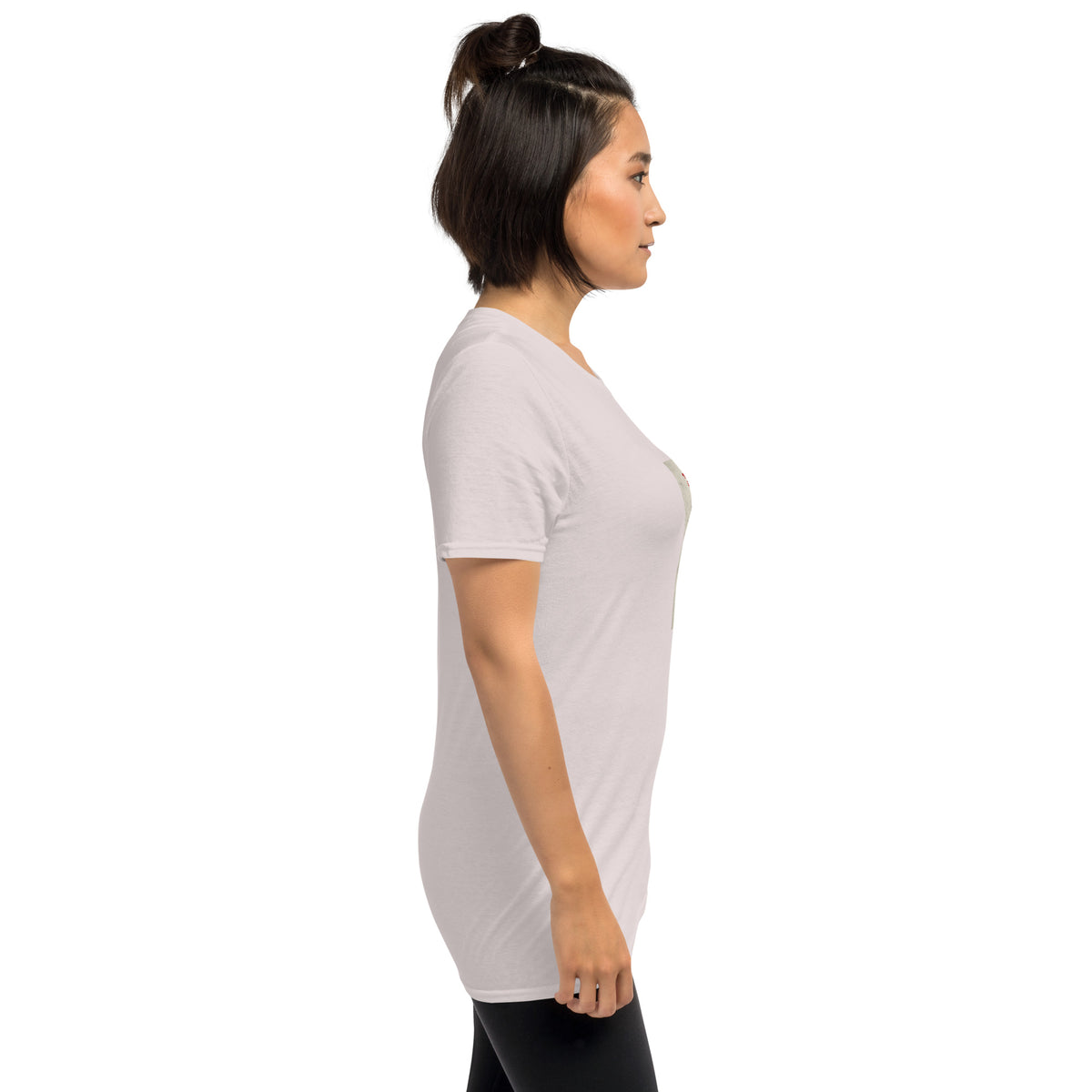 Unisex white crew-neck T-shirt with side view and sleeve graphic