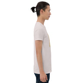 Unisex graphic tee, light heather color, short sleeves, small square front print