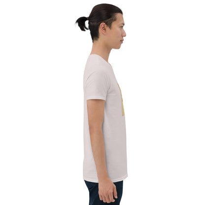 Unisex graphic tee, light heather color, short sleeves, small square front print