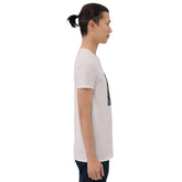 White graphic T-shirt with square photo-style print, crew neck, short sleeves, side view