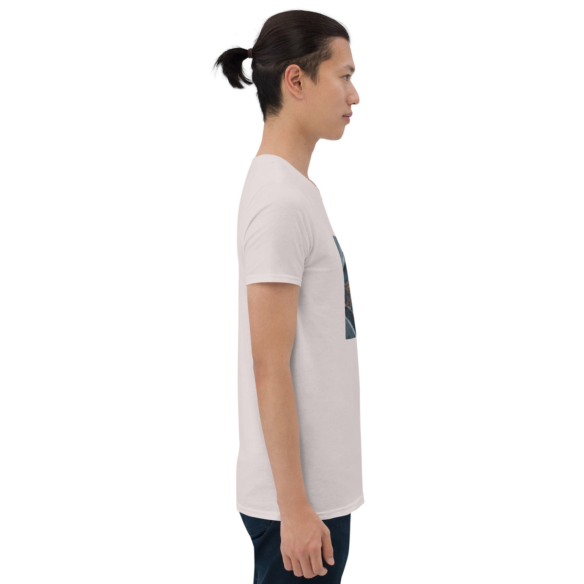White graphic T-shirt with square photo-style print, crew neck, short sleeves, side view