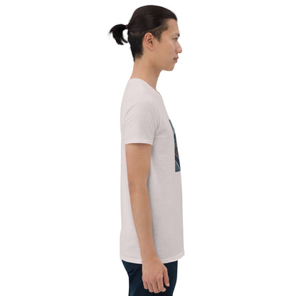 White graphic T-shirt with square photo-style print, crew neck, short sleeves, side view