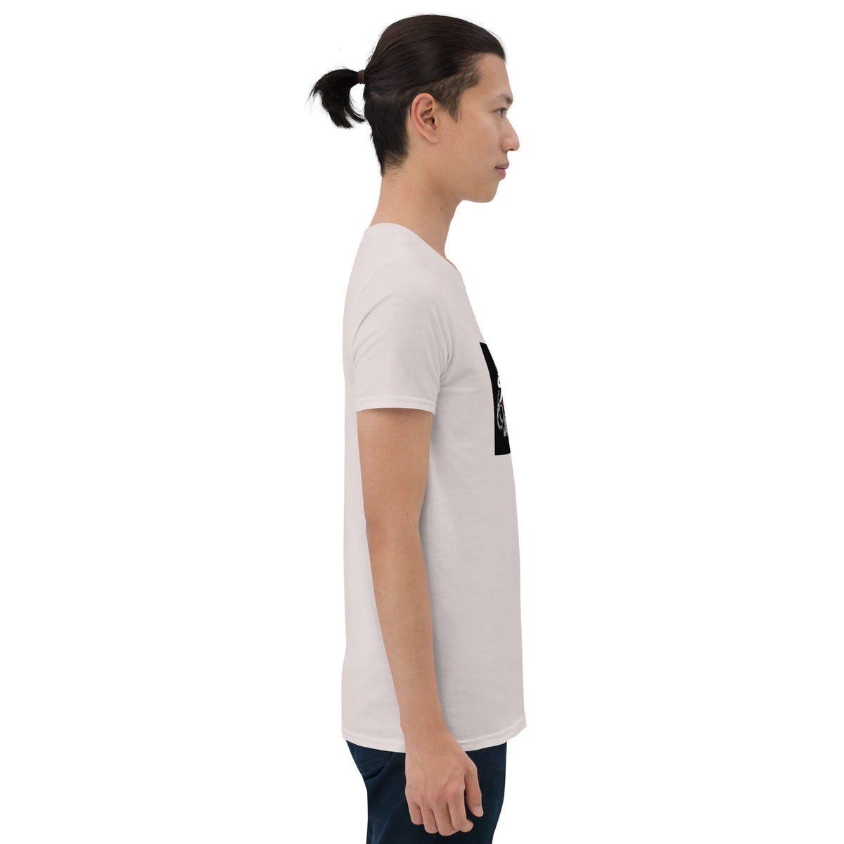 White unisex T-shirt side view with partial black rectangle front graphic