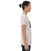 White unisex T-shirt side view with partial black rectangle front graphic