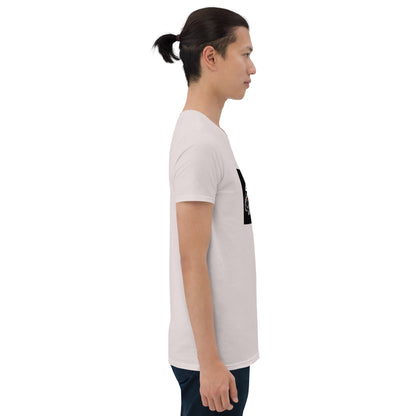 White unisex T-shirt side view with partial black rectangle front graphic