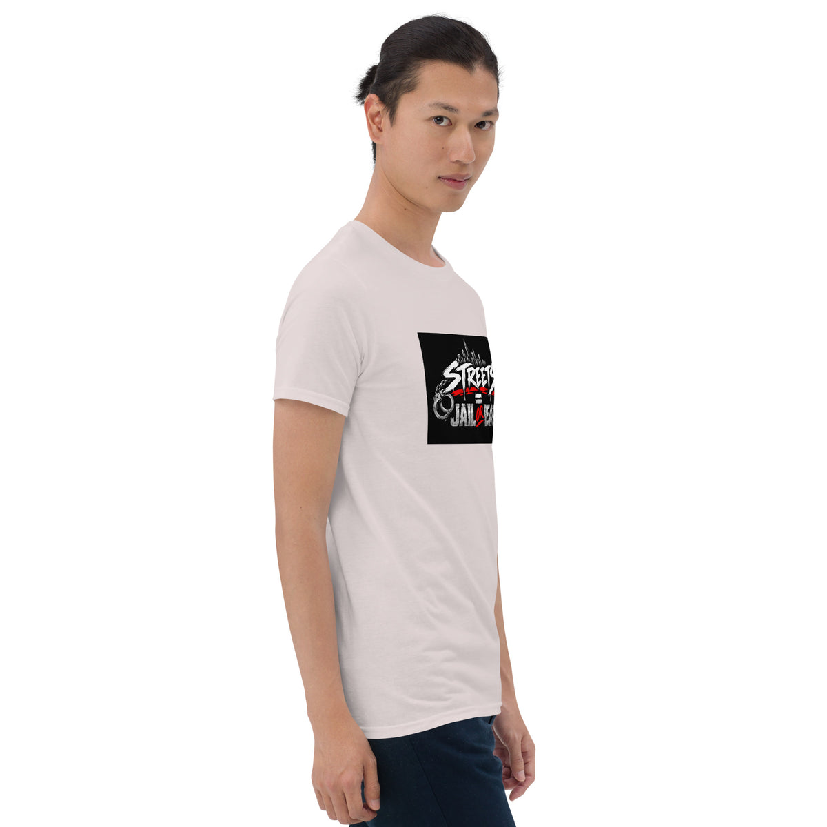White unisex graphic T-shirt front with black rectangle street-style text graphic