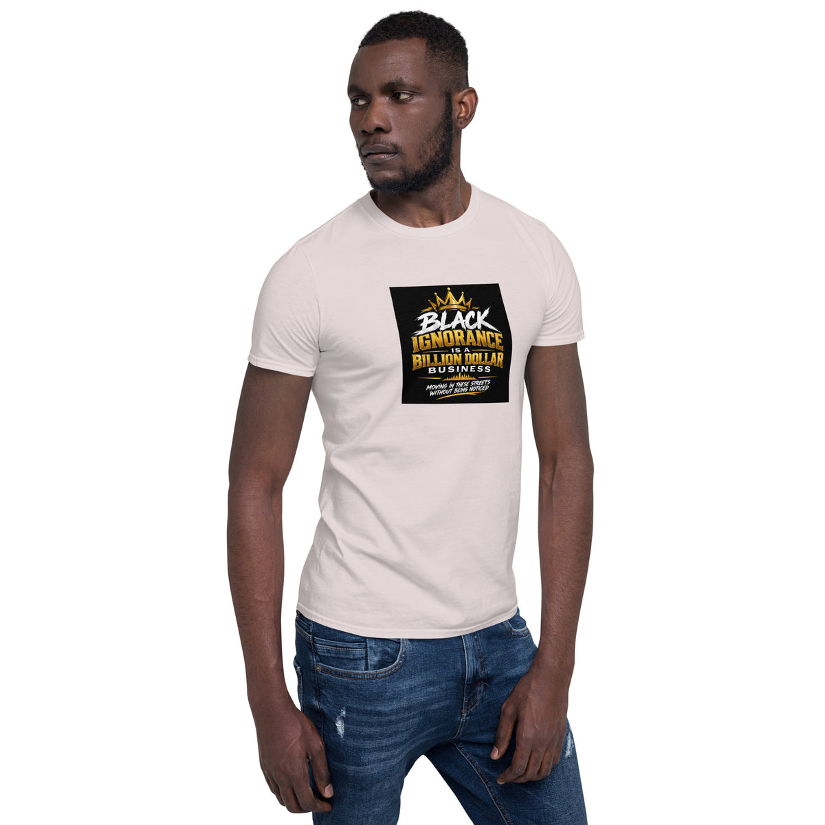Cream unisex short-sleeve T-shirt with black and gold chest graphic.