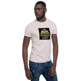 Cream unisex short-sleeve T-shirt with black and gold chest graphic.