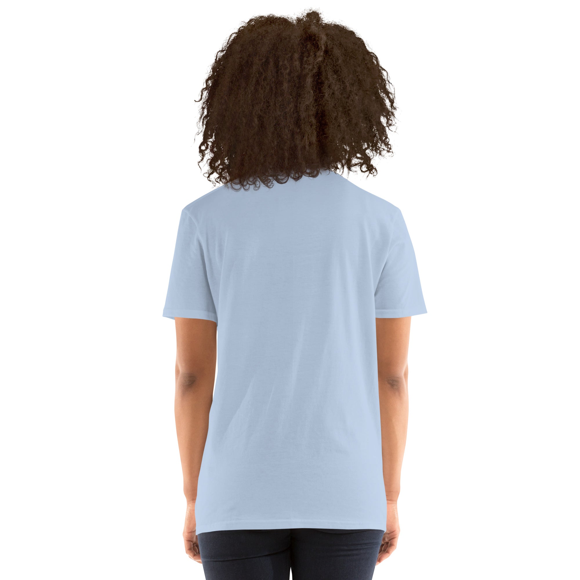 Unisex T-Shirt hellblau, Rückansicht mit Rundhalsausschnitt