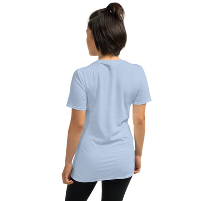 Light blue unisex T-shirt back view, plain fabric, crew neck, short sleeves