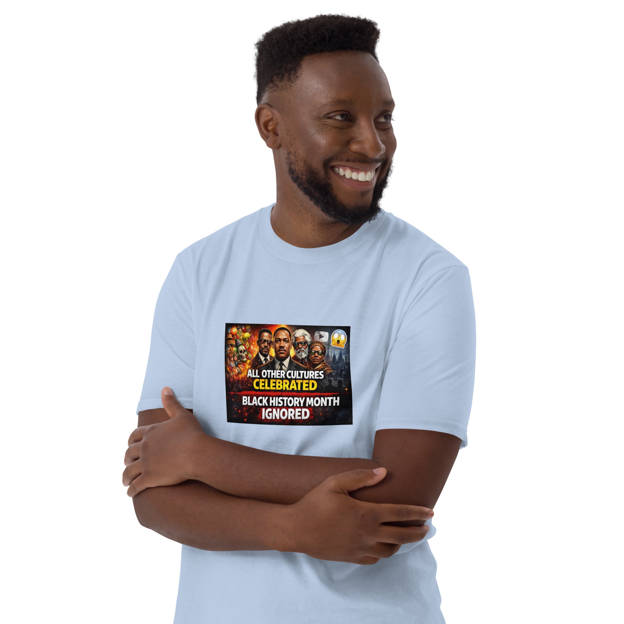 Light blue unisex T-shirt, short sleeves, front graphic with Black History Month text
