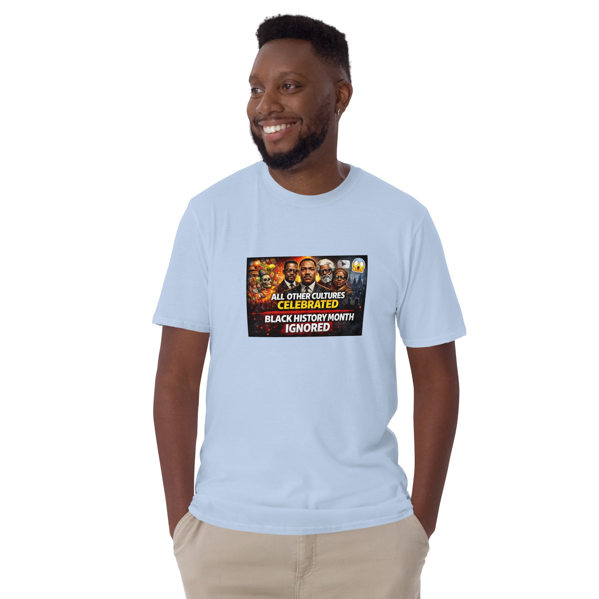 Light blue unisex T-shirt with front graphic for Black History Month
