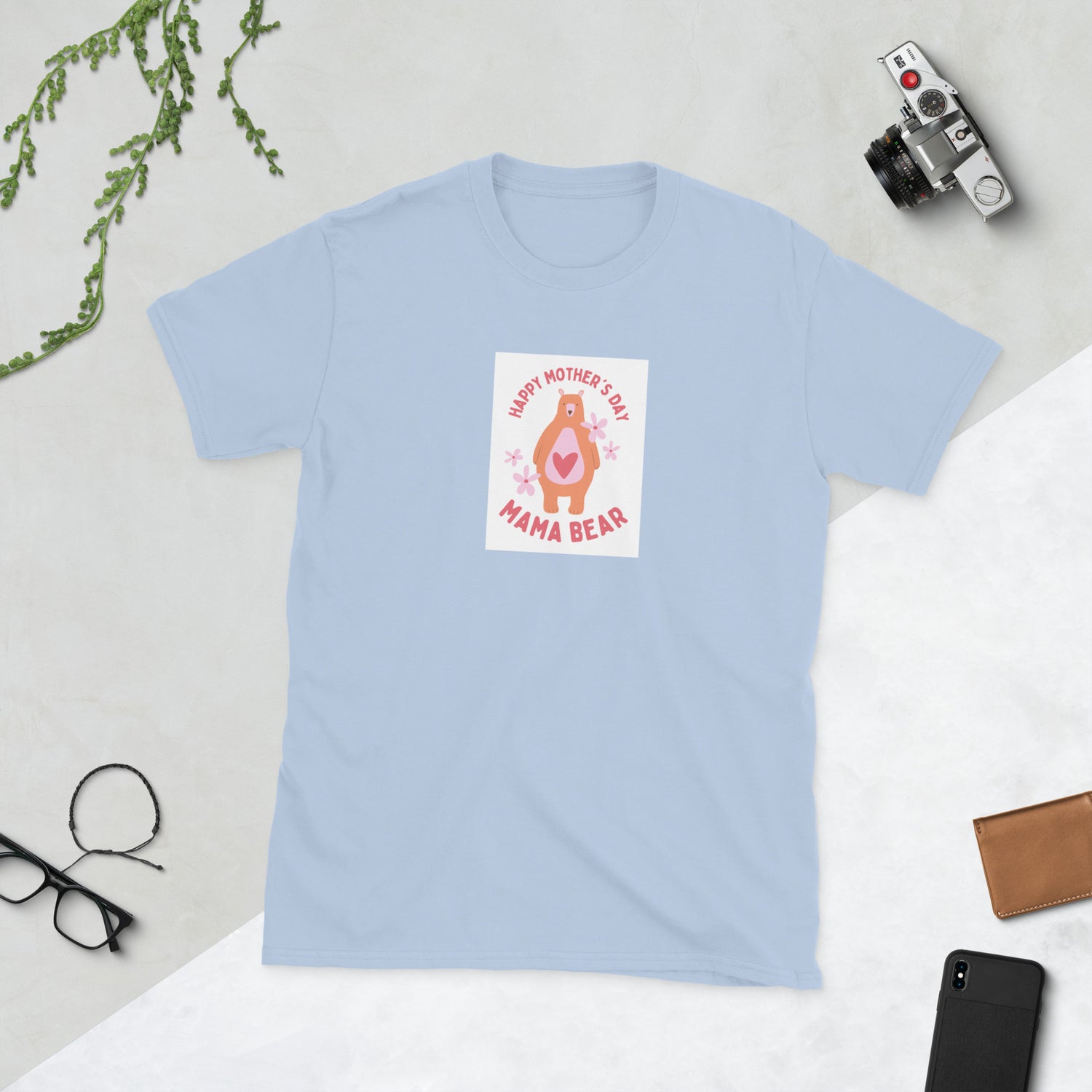 Light blue unisex short-sleeve T-shirt with “Happy Mother’s Day” Mama Bear graphic