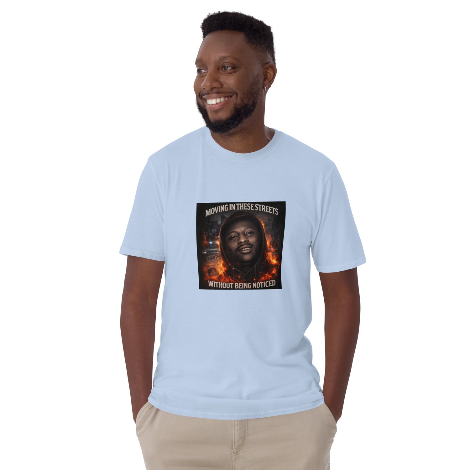 Hellblaues Unisex-T-Shirt mit rundem Halsausschnitt und großem quadratischem Frontprint