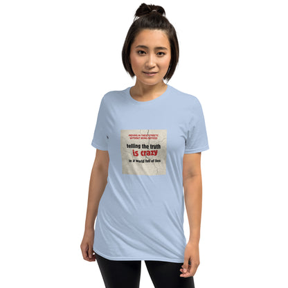 Light blue unisex T-shirt with front graphic slogan in a square, crew neck