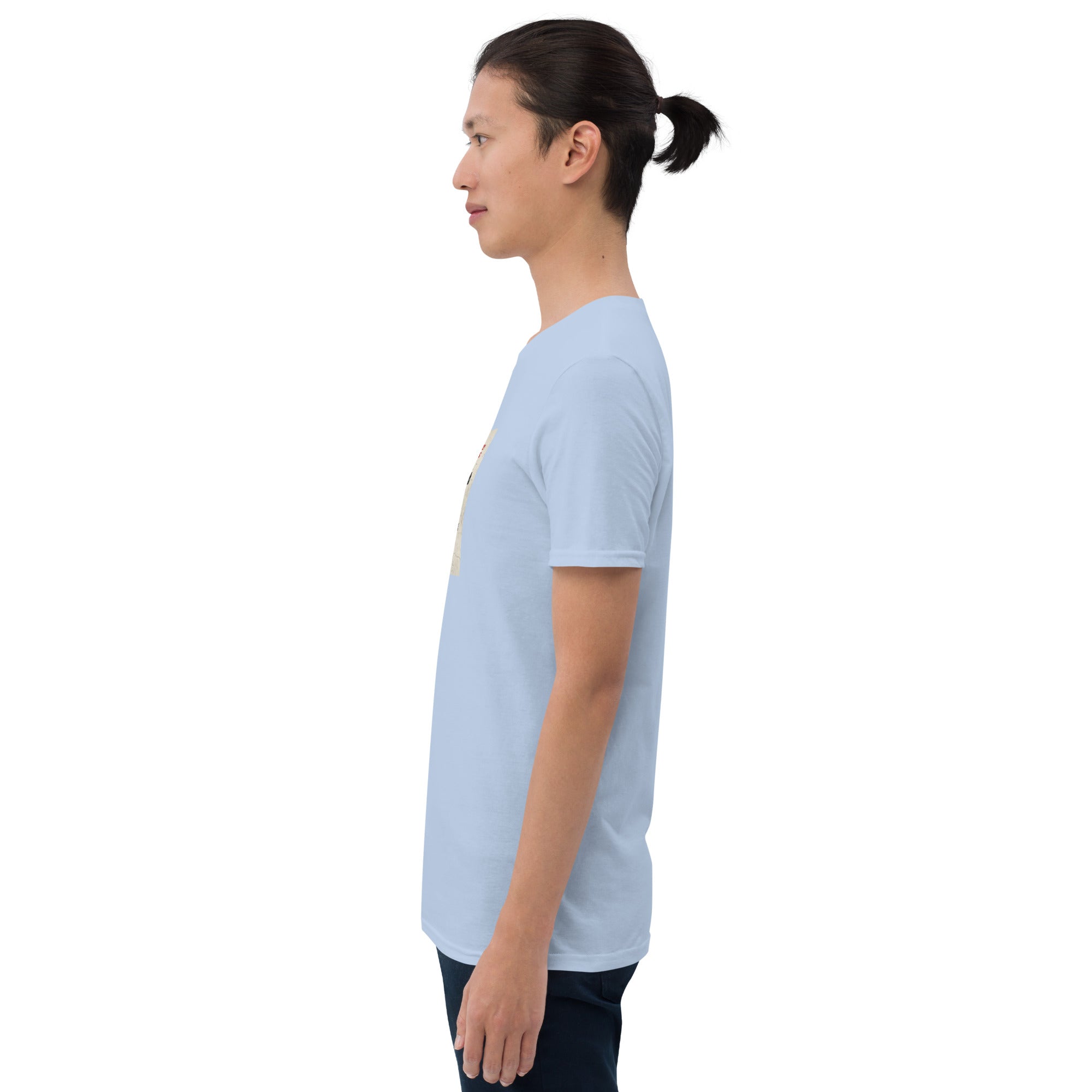 Light blue T-shirt side profile with front graphic print