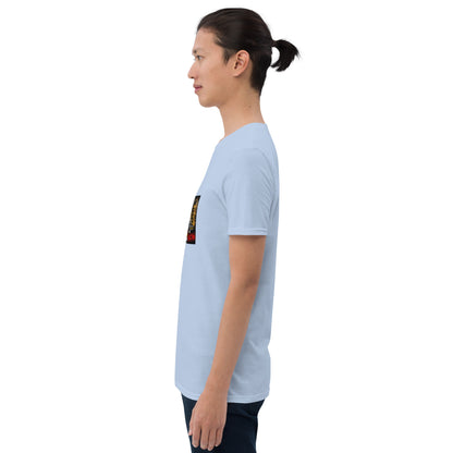 Light blue unisex short-sleeve T-shirt, side view showing front graphic on chest.