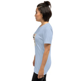 Light blue unisex T-shirt side view with small sleeve graphic detail
