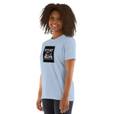 Light blue unisex short-sleeve T-shirt with black square chest graphic
