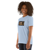 Light blue crew-neck T-shirt with front graphic print, front view