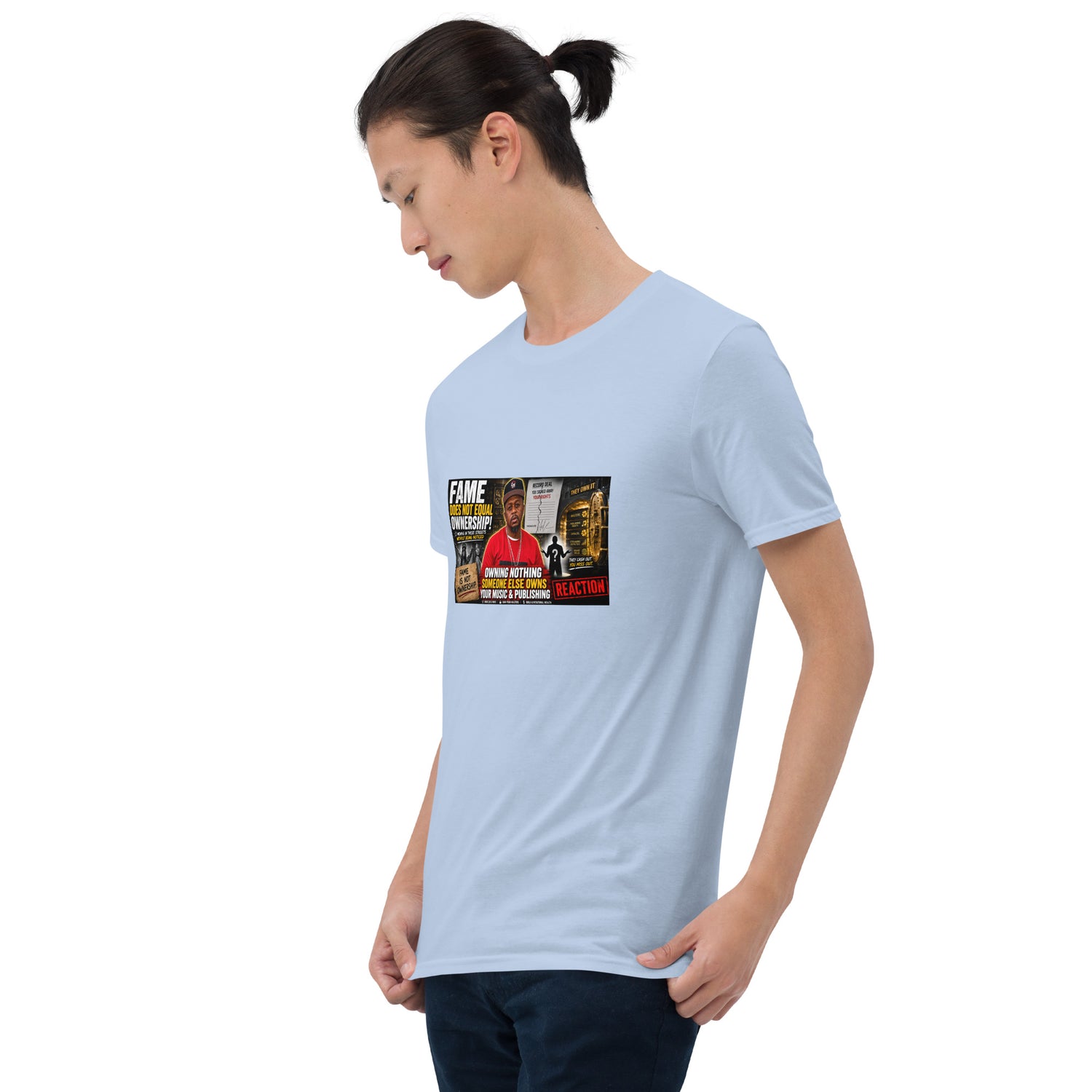 Light blue unisex short-sleeve T-shirt with centered front graphic print.