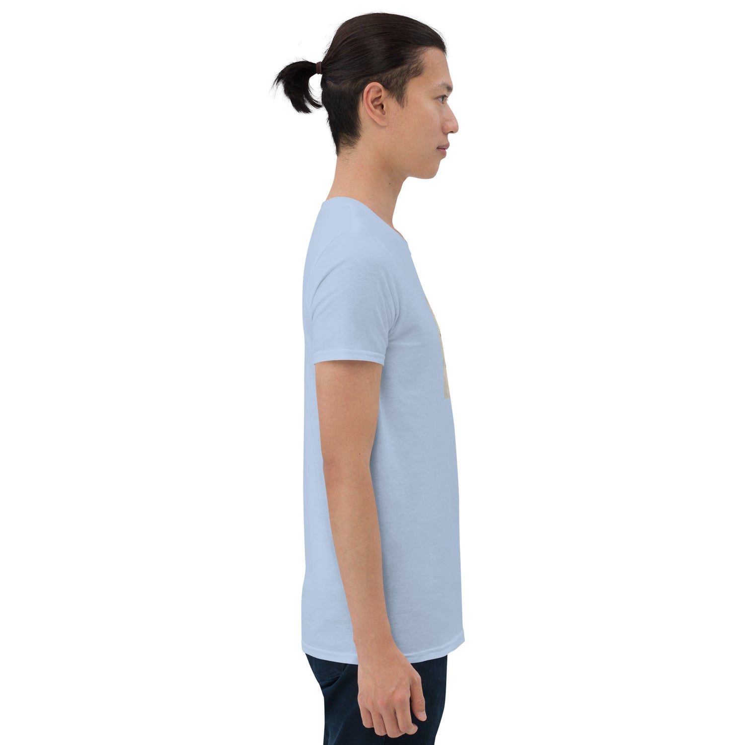 Light blue T-shirt side view showing short sleeves and hem