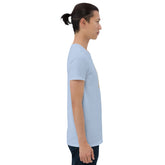 Light blue crewneck T-shirt side profile, short sleeves