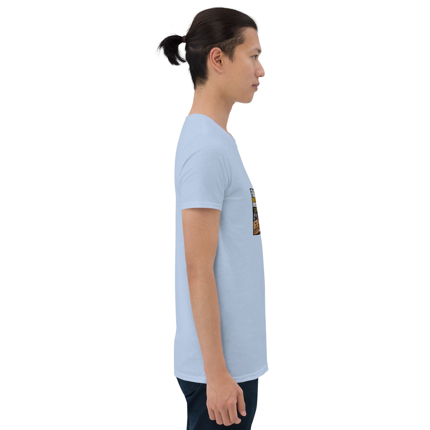 Light blue unisex short-sleeve T-shirt, side view with partial sleeve graphic.