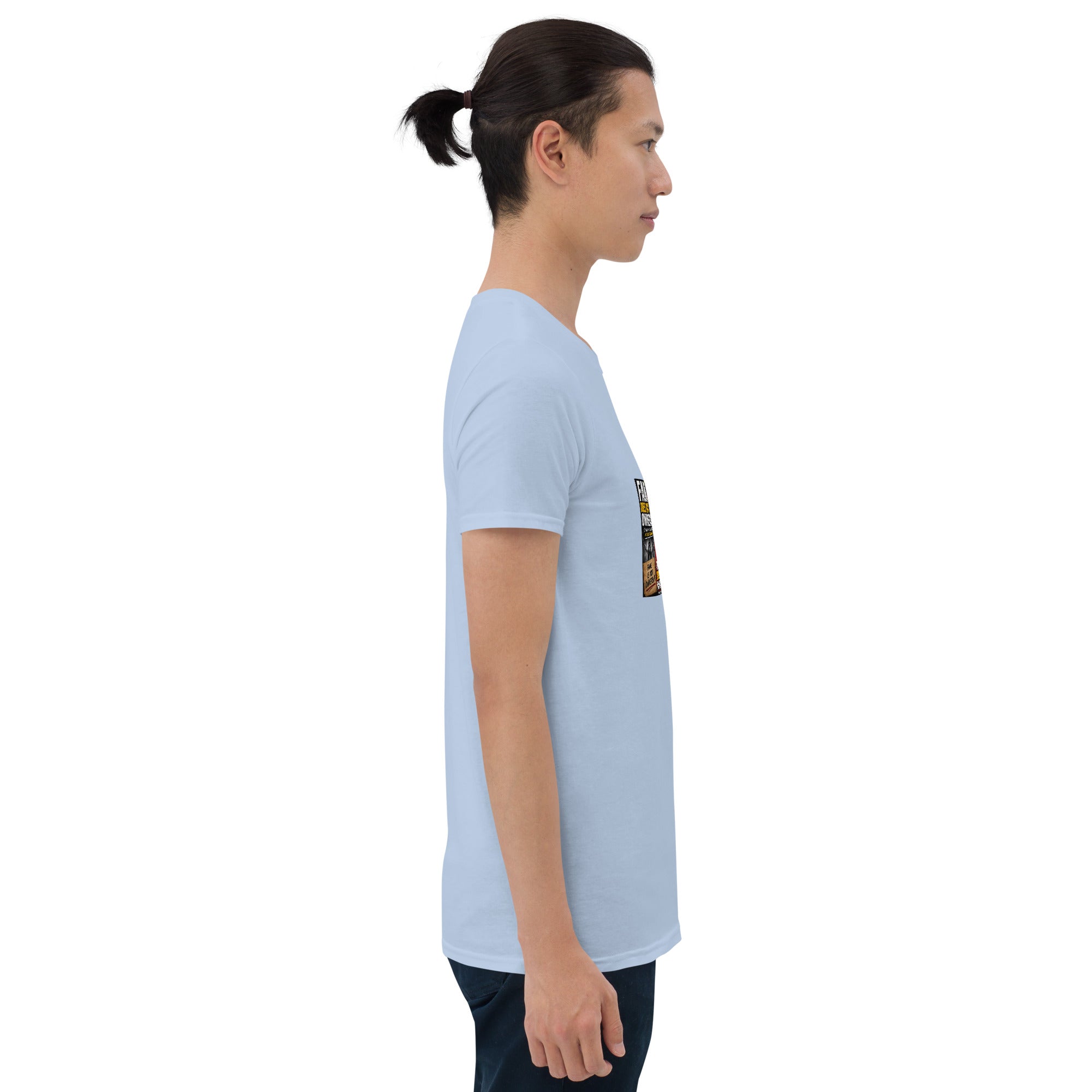 Light blue unisex short-sleeve T-shirt, side view with partial sleeve graphic.
