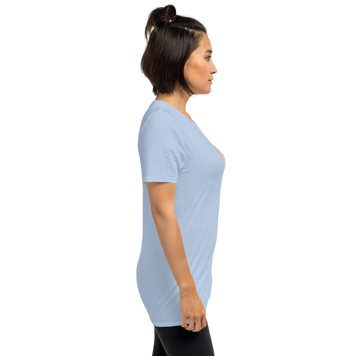 Light blue unisex T-shirt side profile, crew neck, short sleeves