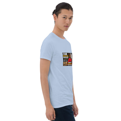 Light blue unisex short-sleeve T-shirt with front graphic print, 3/4 angle.