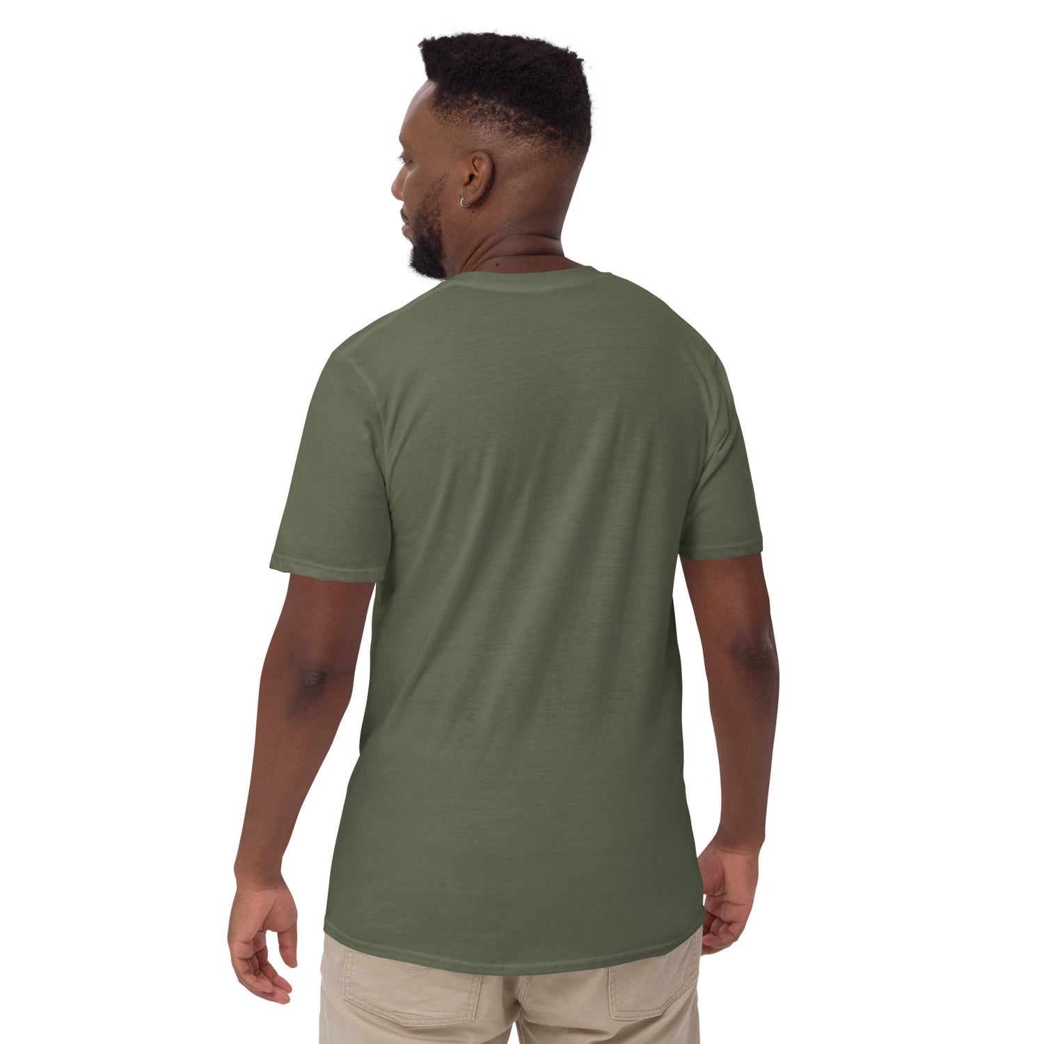 Unisex short-sleeve T-shirt, back view in military green