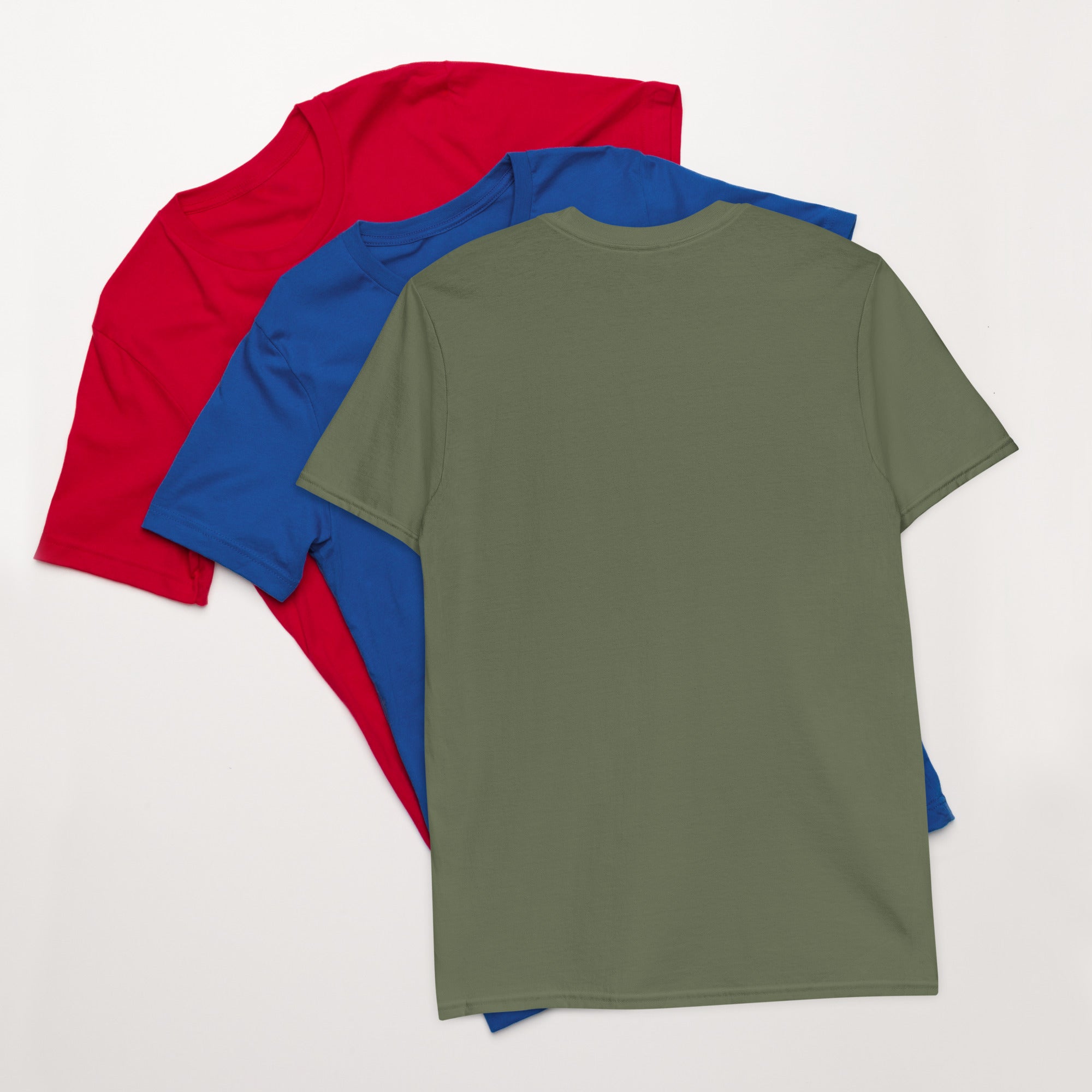 Plain military green unisex T-shirt back view, with red and blue tees behind